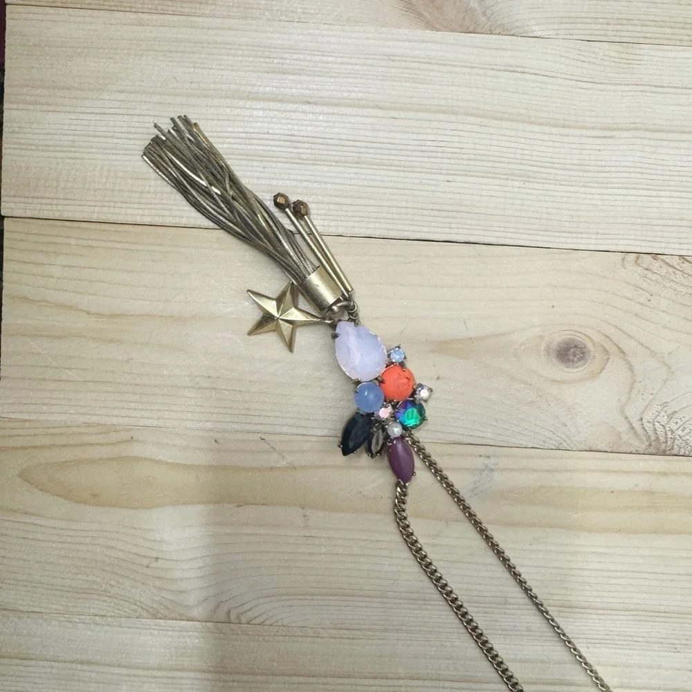 J.Crew Multicolor Gemstone Tassel Necklace Gold Tone Statement Boho Chic OS